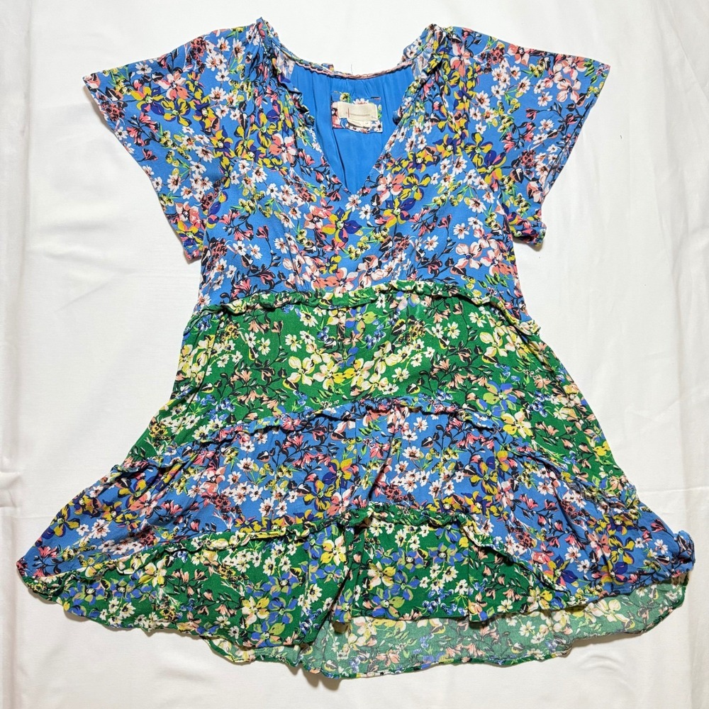 Anthropologie Robin Tiered Mini Dress LP Blue Green Floral Boho Cottagecore - Picture 5 of 11